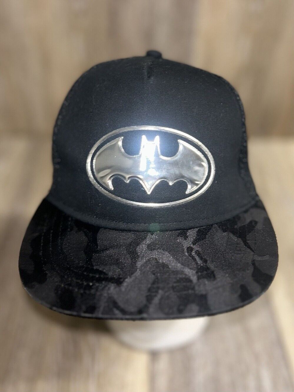 Batman Truckers Hat Cap Black Camo Chrome Bat Symbol Snapback Adjustable OSFM